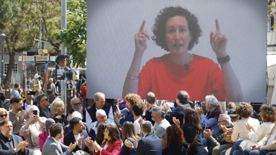A secretaria xeral de ERC, Marta Rovira, intervén de maneira telemática durante un mitin de ERC o 4 de maio de 2024 en Pineda de Mar, Barcelona (Kike Rincón / Europa Press).