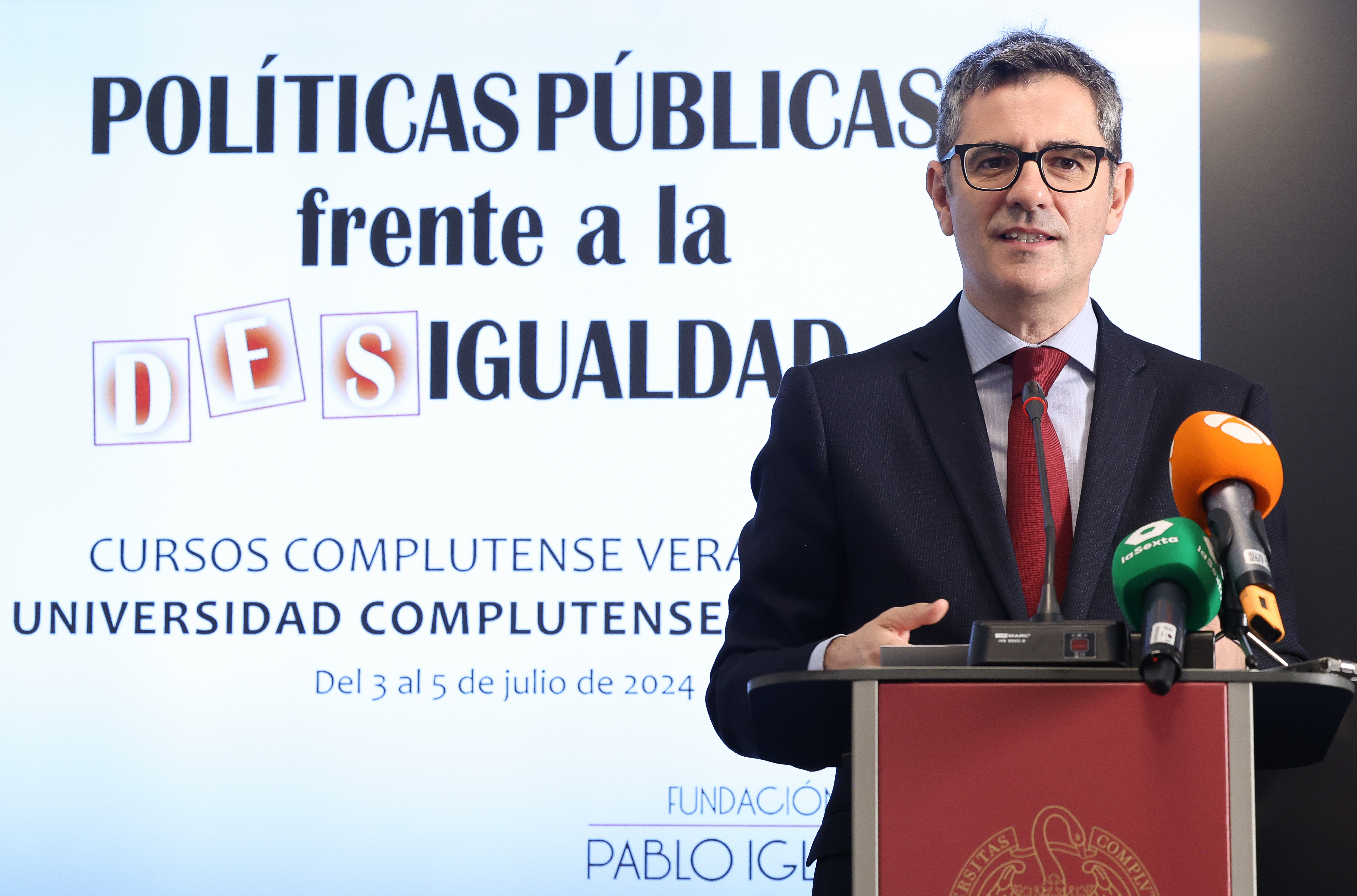 O ministro da Presidencia, Félix Bolaños, na inauguración do curso de verán 'Políticas públicas fronte á desigualdade', dentro dos Cursos de Verán de San Lorenzo do Escorial (Marta Fernández / Europa Press)