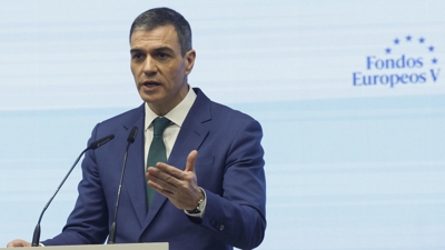 O presidente do Goberno, Pedro Sánchez, intervén este venres na quinta edición do Foro Fondos Europeos, organizado por elDiario.es en Madrid. EFE/Juan Carlos Hidalgo