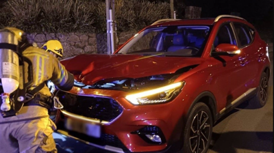 Momento no que os bombeiros están a apagar as lapas no coche accidentado co cabalo