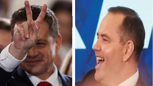 O candidato liberal Rafal Trzaskowski medirase en xuño co aspirante nacionalista Karol Nawrocki (REUTERS / Kacper Pempel / Lukasz Glowala)
