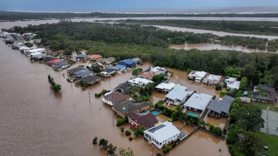 Vista aérea das inundacións en Settlement Point Road, en Port Macquarie, Nova Gales do Sur, Australia, o 22 de maio de 2025. AAP/Lindsay Moller/vía REUTERS