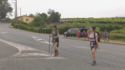 Camiñantes da ruta portuguesa atravesaban este mércores a N-550 en Casalderrique, Caldas de Reis