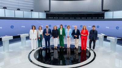 Debate nos medios publicos españois durante a última campaña electoral ao Parlamento Europeo (Europa Press / Alberto Ortega)