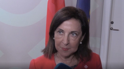 Margarita Robles fai declaracións en Conpenhague. EFE/ Anxo Lamela