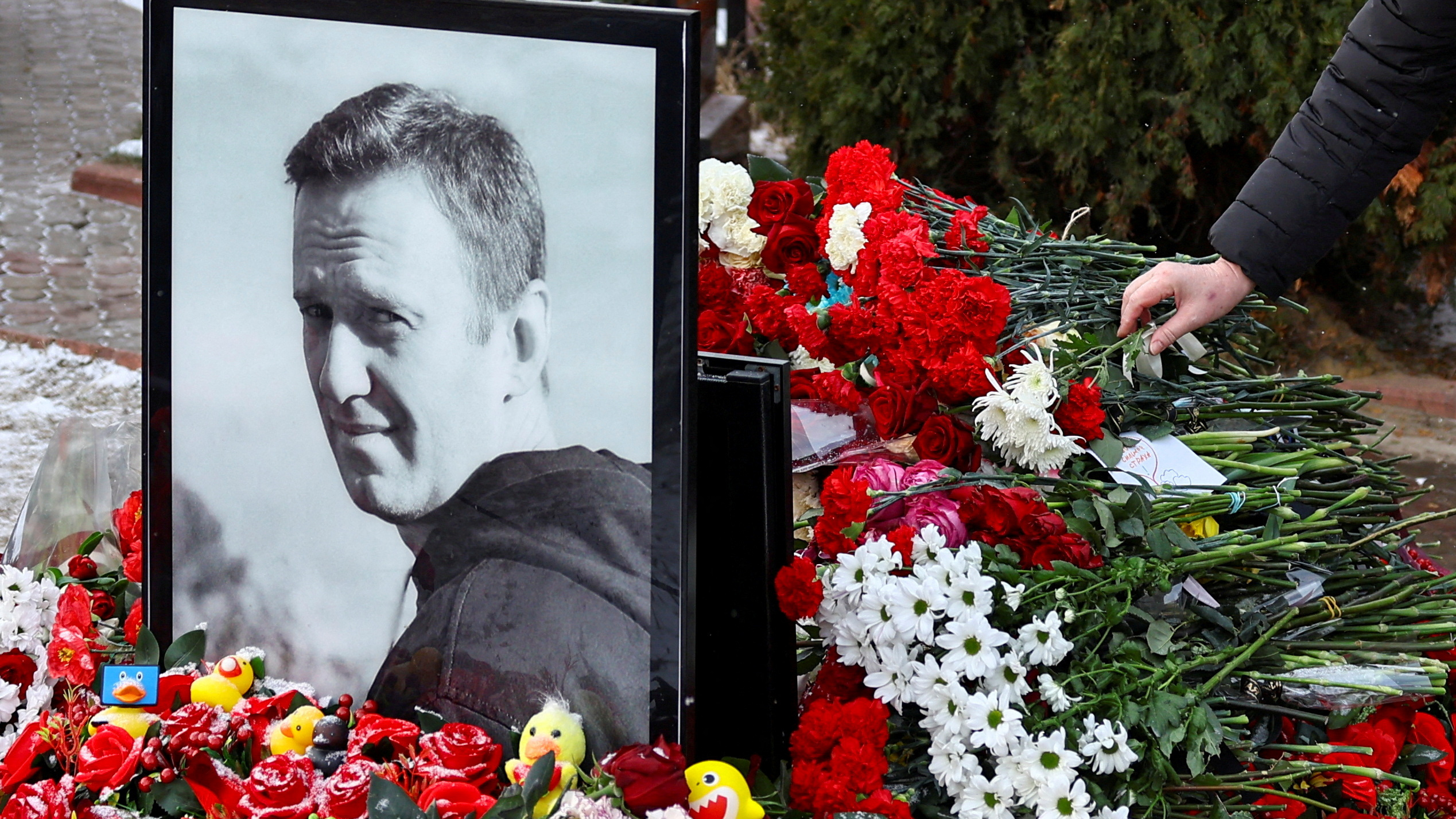 Unha persoa deixa flores na tumba de Navalni no primeiro aniversario da súa morte. REUTERS/Evgenia Novozhenina.