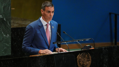 O presidente Pedro Sánchez fala ante os estados membros da ONU. REUTERS/Eduardo Munoz