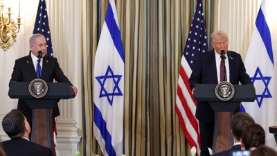 Imaxe da comparecencia conxunta de Trump e Netanyahu na Casa Branca (Reuters)
