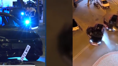 Á esquerda, a Policia Científica analiza o coche da vítima. Á dereita momento do secuestro gravado polos veciños, alertados polo tiroteo