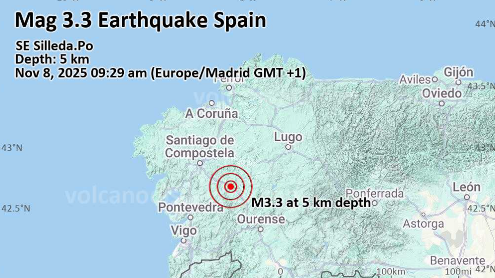 O tremor tivo o epidentro próximo a Silleda. Imaxe: www.volcanodiscovery.com