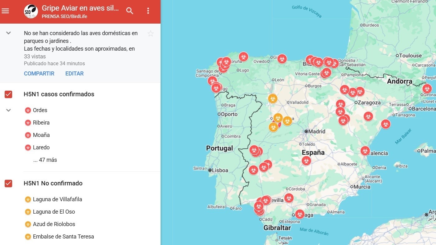 Mapa da situación actual da gripe aviaria en España. SEO/BIRDLIFE