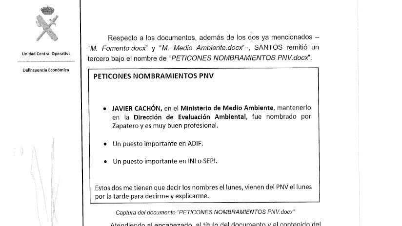 Documento do informe da UCO referido ás supostas peticións do PNV