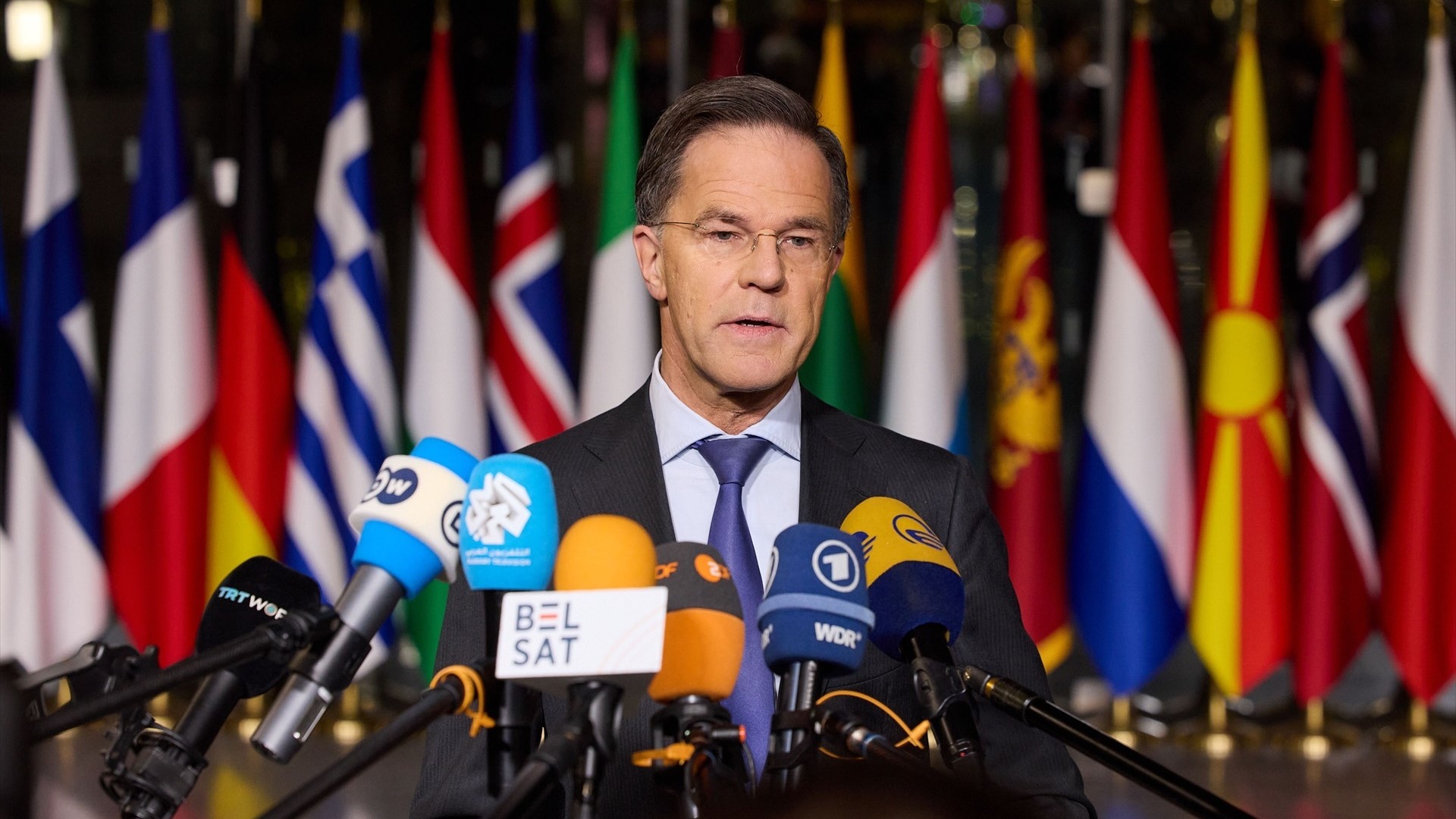 Mark Rutte, secretario xeral da OTAN, en declaracións antes da reunión de ministros de Exteriores aliados este mércores 3 de decembro (EUROPAPRESS)