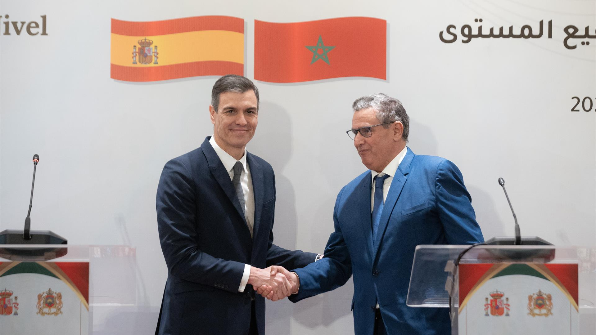 Imaxe de arquivo. O presidente do Goberno, Pedro Sánchez e o xefe de Goberno do Reino de Marrocos, Aziz Akhannouch na sede do Ministerio de Exteriores marroquí, o 2 de febreiro de 2023, en Rabat (Marrocos). (David Zorrakino/EUROPAPRESS)