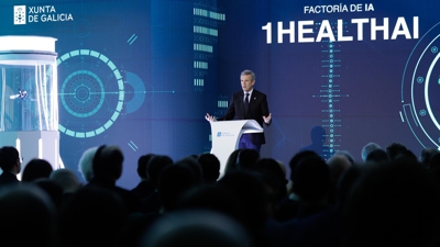 O presidente dá Xunta, Alfonso Rueda, no acto de presentación da factoría de intelixencia artificial '1HealthAI'