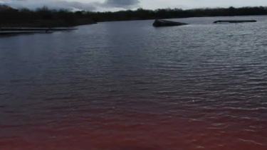 Imaxe da lagoa de Sarreaus, co cambio de color na auga tras a vertedura