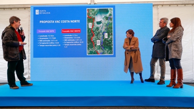 O presidente da Xunta, Alfonso Rueda (2d), e a conselleira de Vivenda, María Martínez (d), asisten á presentación da variante de Viveiro, este martes. EFE/ Pedro Eliseo Agrelo Trigo