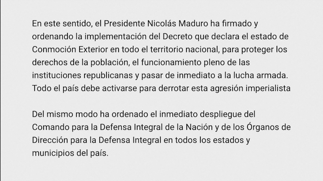 Fragmento do comunicado do Goberno de Venezuela. REUTERS