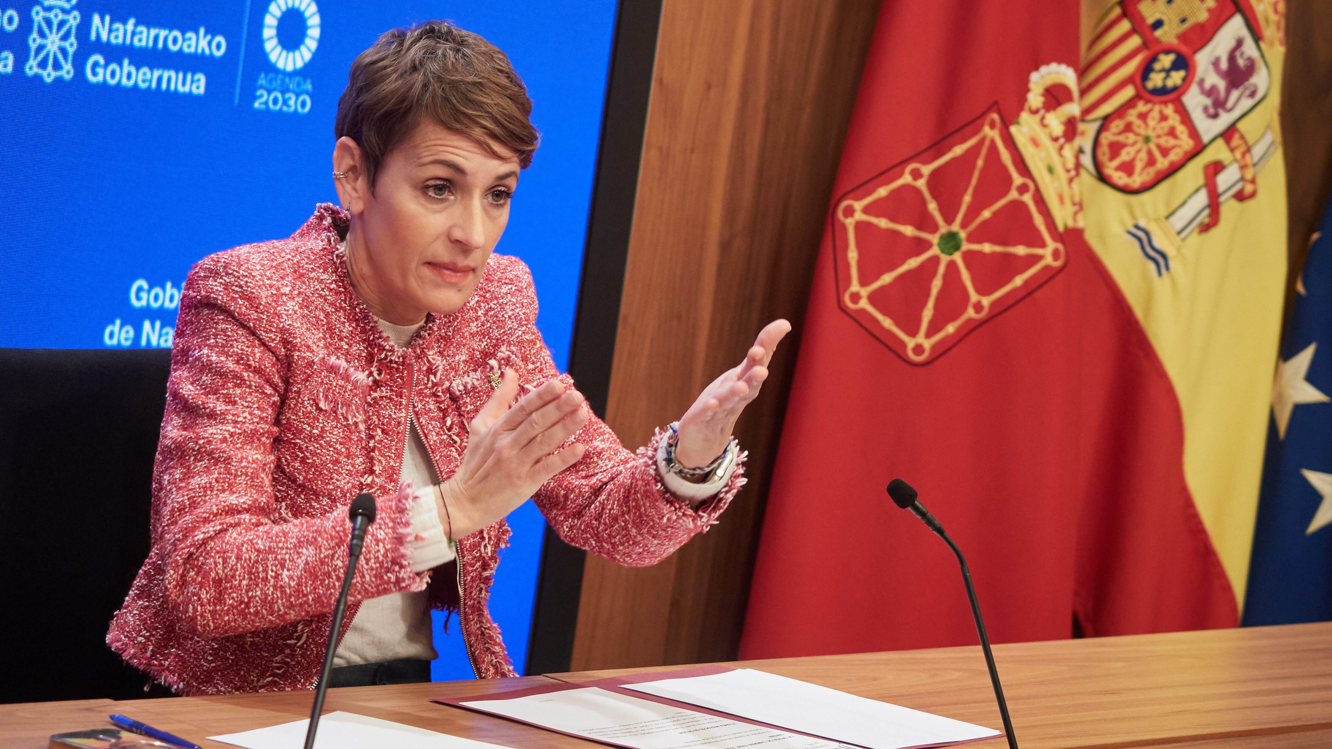 María Chivite durante a comparecencia en que explicou a remodelación do Goberno Foral (Europa Press/Eduardo Sanz)