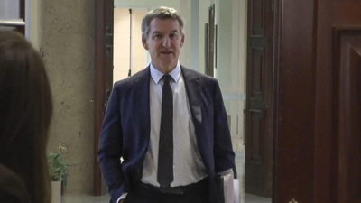 O presidente do PP, Alberto Núñez Feijóo, á súa chegada para declarar, en calidade de testemuña e de forma telemática desde o seu despacho no Congreso, ante a xuíza que instrúe a causa penal pola xestión da dina (EFE TV)