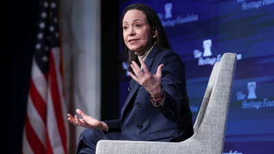 María Corina Machado, durante a súa comparecencia este venres en Washington (REUTERS/Tyrone Siu)