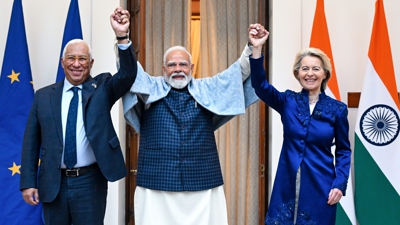 O presidente do Consello Europeo, António Costa; o primeiro ministro da India, Narendra Modi; e a presidenta da Comisión Europea, Ursula von der Leyen, tras anunciar un acordo de libre comercio entre a UE e A India (Europa Press)