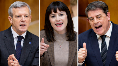 O presidente da Xunta, Alfonso Rueda, e os líderes do PSdeG e o BNG, José Ramón Gómez Besteiro e Ana Pontón, na sesión de control celebrada este mércores no Parlamento galego