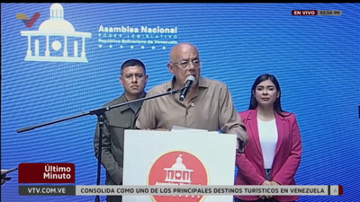 Jorge Rodríguez, presidente da Asemblea Nacional de Venezuela, na conferencia de prensa deste sábado en Caracas. Reuters