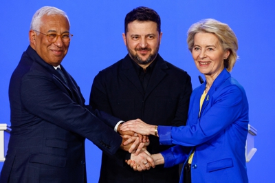 Os presidentes da Comisión e do Consello Europeo acompañaron a Zelenski no cuarto aniversario da invasión. Reuters