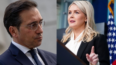 A secretaria de Prensa da Casa Branca, Karoline Leavitt e o ministro de Exteriores Jose Manuel Albares