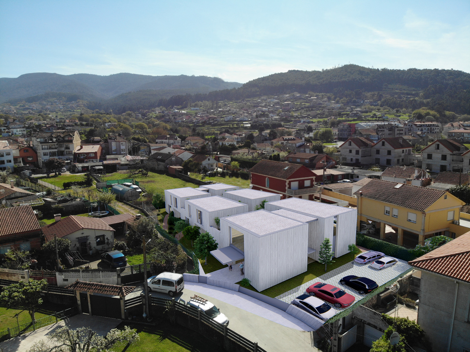 Proxección de como quedará o bloque de apartamentos unha vez instalados en Sabarís.