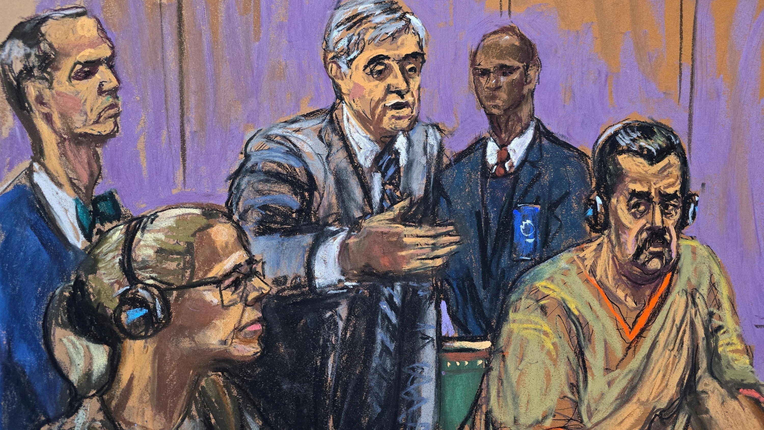 Ilustración da comparecencia de Maduro e a súa muller, con auriculares, acompañados dos seus avogados ( REUTERS/Jane Rosenberg)