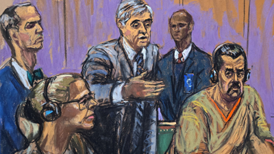 Ilustración da comparecencia de Maduro e a súa muller, con auriculares, acompañados dos seus avogados ( REUTERS/Jane Rosenberg)