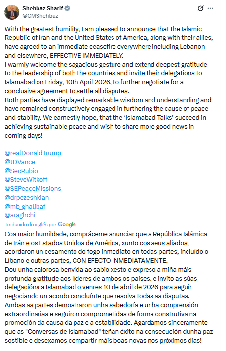 Chío do primeiro ministro de Paquistán, Shehbaz Sharif, que mediou entre as partes