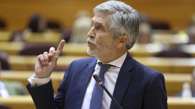O ministro do Interior, Fernando Grande-Marlaska, intervén na sesión de control ao Gobierno celebrada este martes no Senado. EFE/ Víctor Lerena