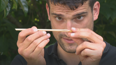 Luís cun dos seus instrumentos feitos con pallas do campo