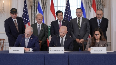 O secretario de Estado dos EUA Marco Rubio, o conselleiro do Departamento de Estado Holler, o embaixador de Israel nos EUA Leiter e o embaixador do Líbano nos EUA Hamadeh reúnense en Washington o 29 de xuño / REUTERS