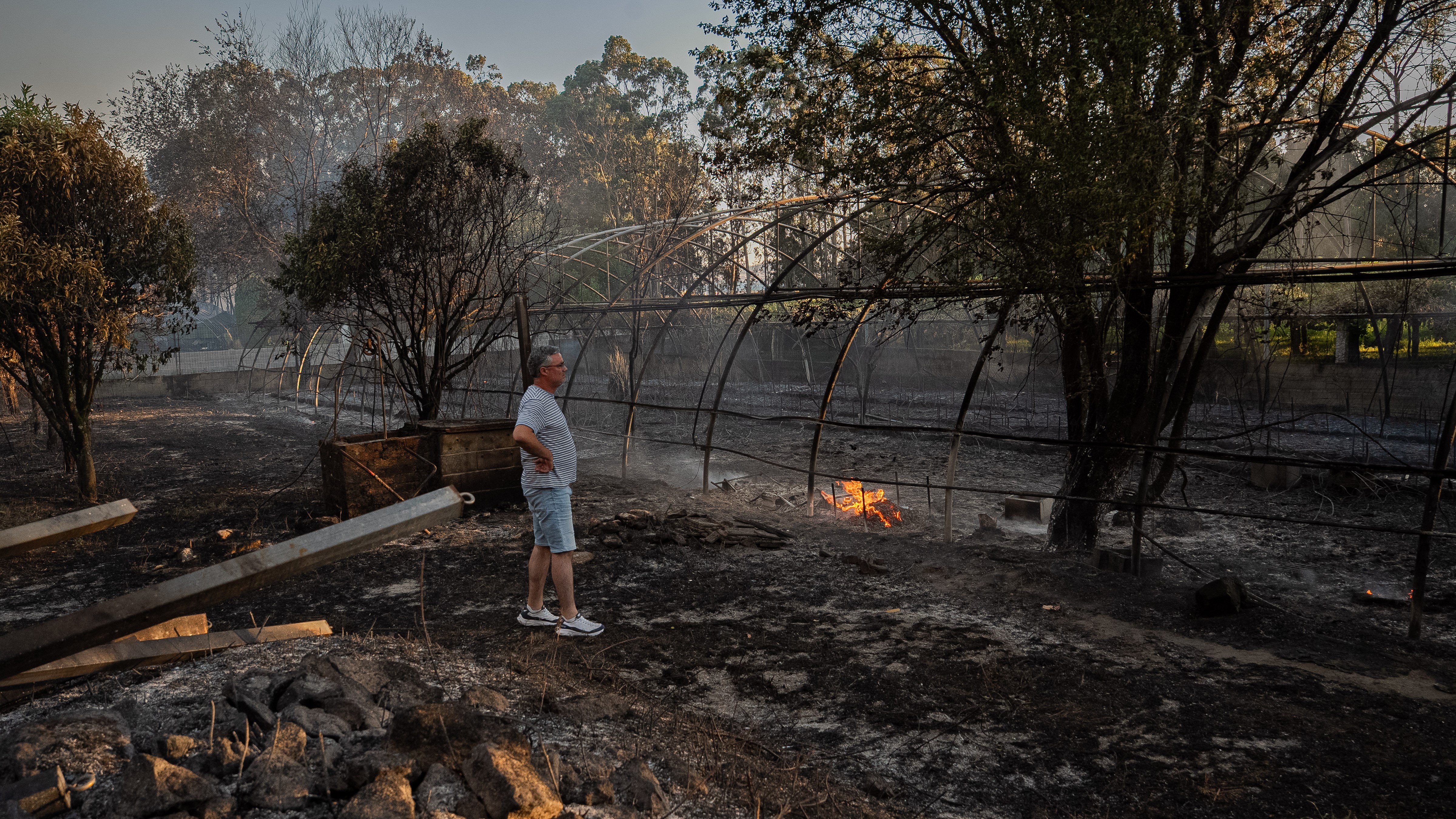 Un veciño observa os danos causados polo incendio orixinado na zona de Deiro, entre Cambados e Vilanova (Europa Press/Adrián Irago)