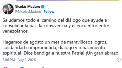 Mensaxe que apareceu publicada na conta de Nicolas Maduro un día despois de que comezasen as negociacións entre Venezuela e os Estados Unidos