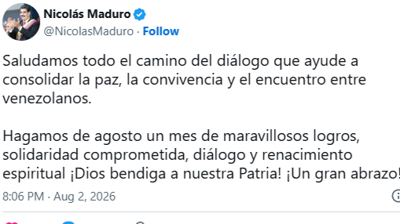 Mensaxe que apareceu publicada na conta de Nicolas Maduro un día despois de que comezasen as negociacións entre Venezuela e os Estados Unidos