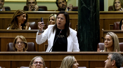 Momento no que a deputada do Partido Popular amosou o bote de gas pementa no Hemicilo (EFE/J.J. Guillén)